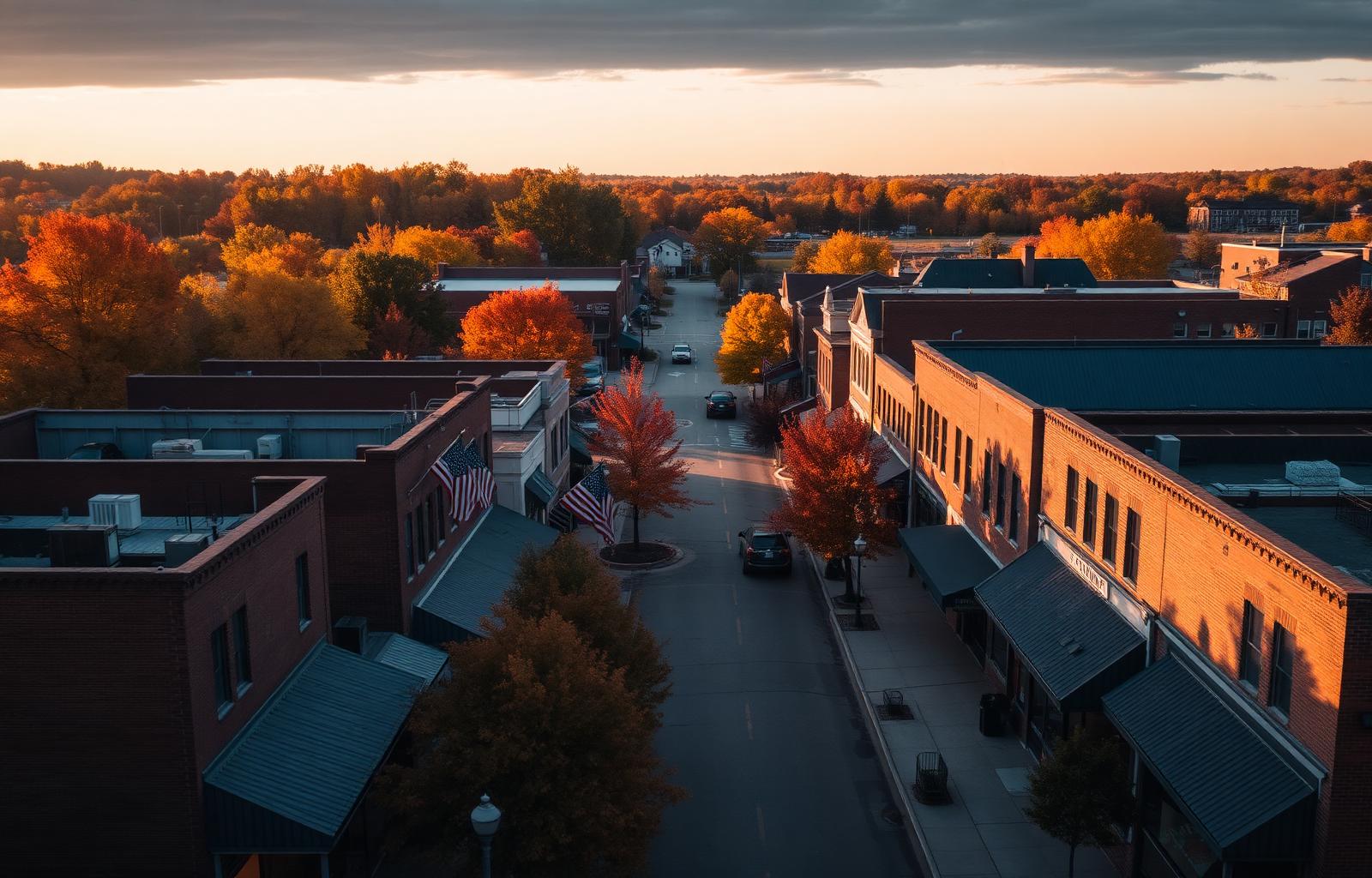 Aerial view of a Northwest Indiana neighborhood at dusk